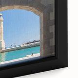 Extra large black wall art of a textured European scenery in Crete on framed canvas, using vibrant colors.