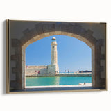 Framed canvas depicting a vintage-style landscape of Crete, Greece, in muted gold and black tones.