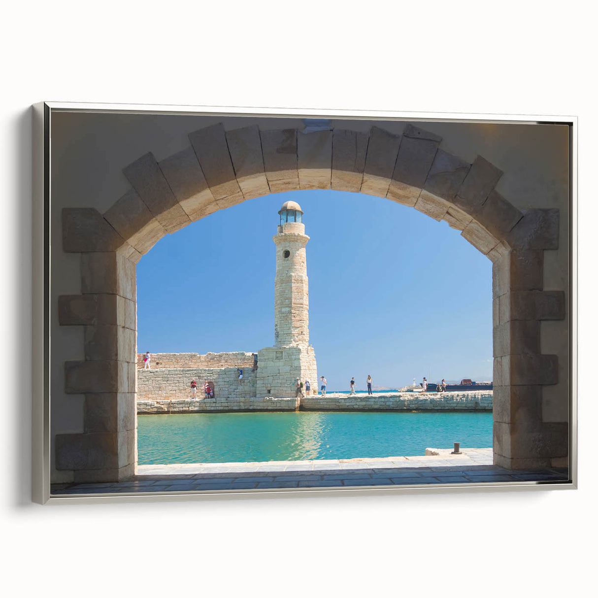 Framed canvas depicting a vintage-style landscape of Crete, Greece, with colorful elements on a black background.