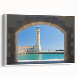 Vintage poster art of Crete, Greece, in vibrant colors on a framed canvas, ideal for living room decor.