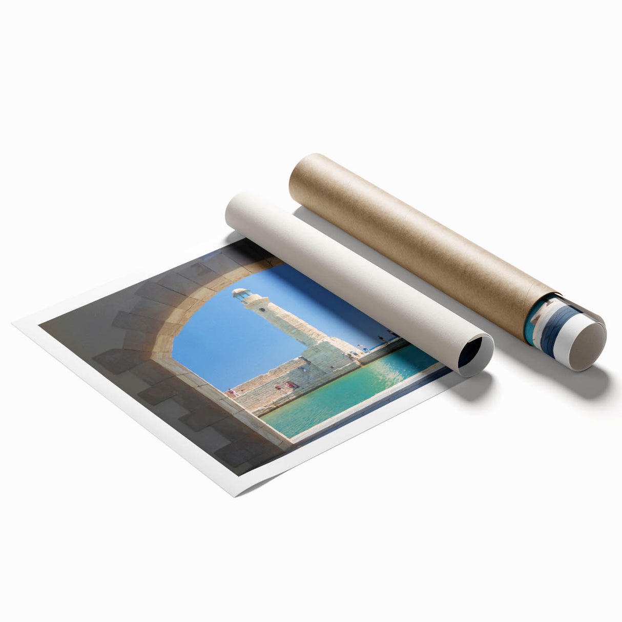 Extra large rolled print of a Crete, Greece scenery with vibrant floral elements, ideal for classy bathroom wall art.