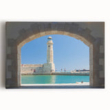 Black and white image of Crete's coastal landscape on stretched canvas, ideal for kitchen wall art or bedroom ambiance.