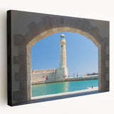 Large art depicting a serene Crete landscape in muted earth tones on stretched canvas, ideal for kitchen wall art.
