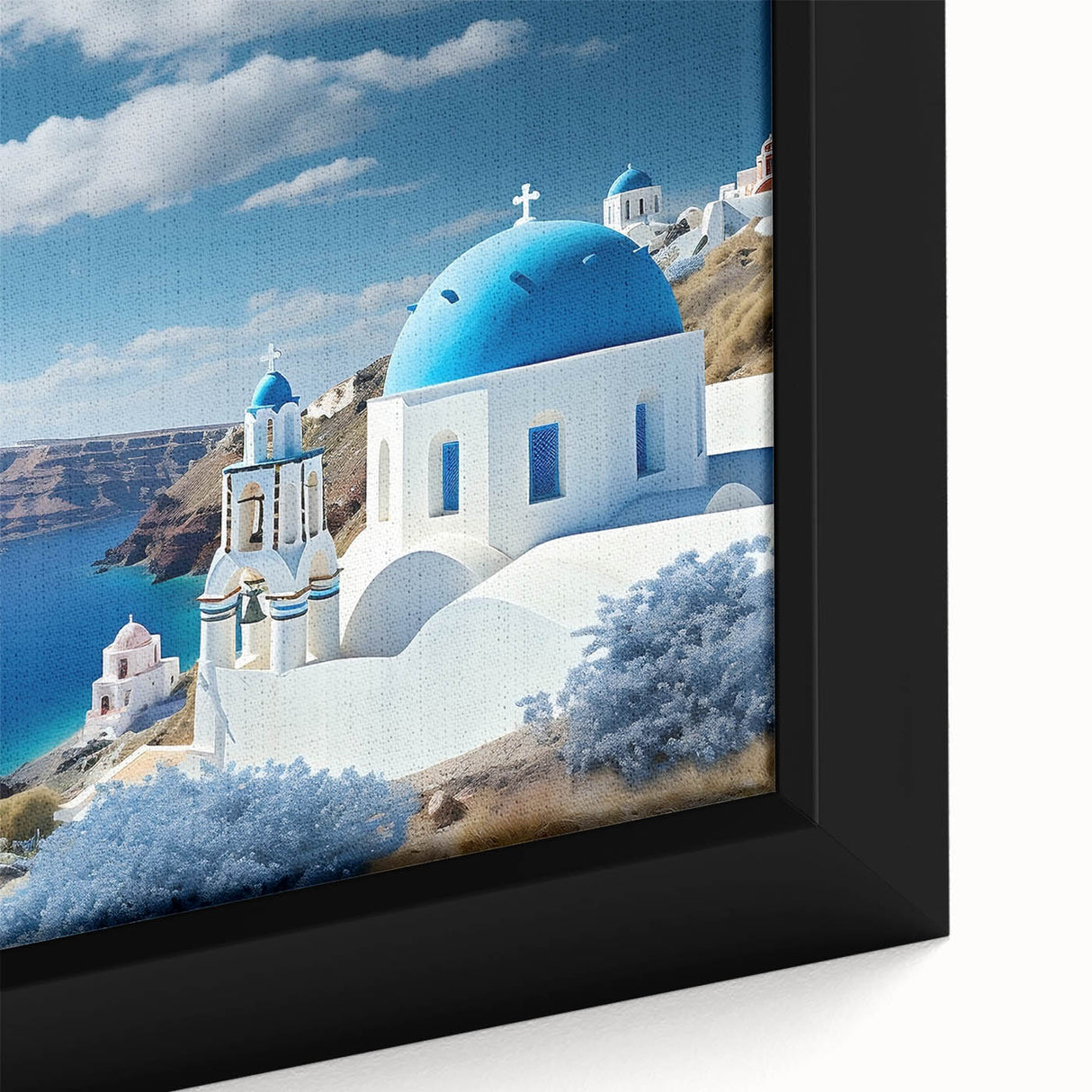 Extra large framed canvas of a textured Santorini scenery in black with colorful accents, ideal for living room decor.