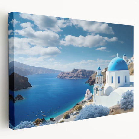 Side view of a stretched canvas featuring a serene Santorini landscape with vivid blue and white tones.