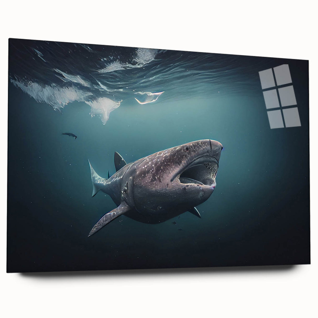 Large abstract wall art of a Greenland scenery in muted green and blue tones, printed on acrylic glass.
