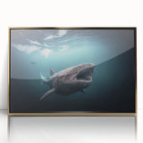 Art deco poster depicting a serene Greenland landscape in muted green and gold tones, acrylic print framed in gold.