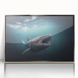 Large art print of a Greenland landscape in muted green and blue tones, framed in silver acrylic.