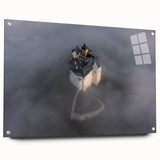 Acrylic print of a European cityscape in muted gray and blue tones, ideal for dining room decor.