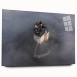 Large abstract wall art of a European scenery in blue and green hues on acrylic glass.