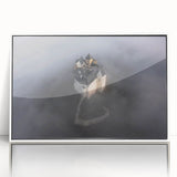 Mid-century modernist art depicting a European cityscape in muted gray and blue tones, acrylic print framed in white.