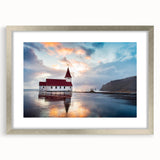 Extra large abstract art print of Icelandic scenery in muted cool tones, framed in silver, ideal for living room decor.