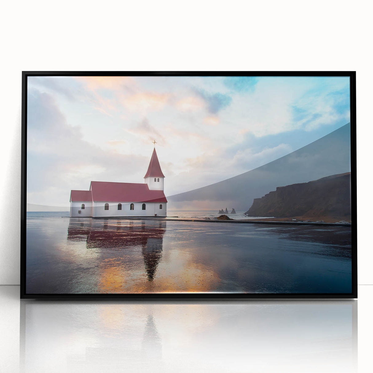 Large abstract wall art depicting a serene Icelandic landscape in muted gray tones, framed in black acrylic.