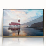 Acrylic framed print of a serene Icelandic landscape in soft blue and green tones.