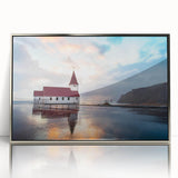 Large art print featuring a serene Icelandic landscape with muted blue and green tones, presented in a silver-framed acrylic.