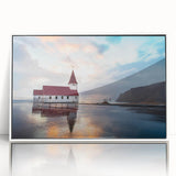 Mid-century modernist art depicting a serene Icelandic landscape in muted blue and white tones on a framed acrylic panel.