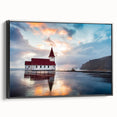 Black and white landscape art painting of a European Icelandic scene on framed canvas, suitable for bedroom decor.
