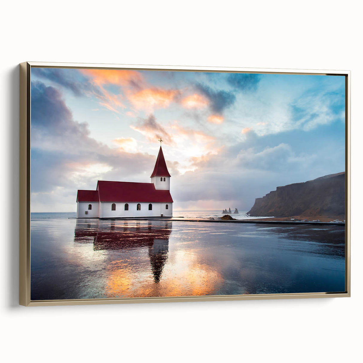 Framed canvas of a serene Icelandic landscape in muted gray tones, ideal for bedroom wall art.
