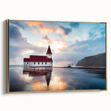 Framed canvas of a serene Icelandic landscape in muted gray tones, ideal for bedroom wall art.