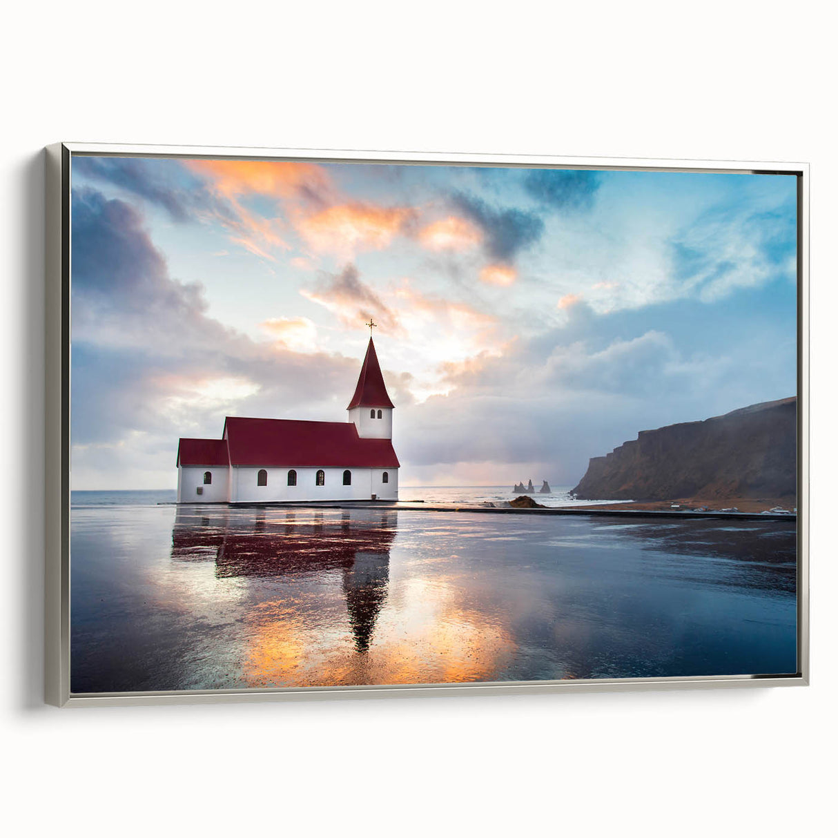 Landscape art painting of an Icelandic scenery on framed canvas, featuring a palette of black and vibrant colors.