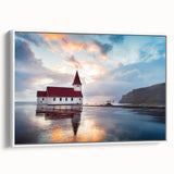 Vintage poster art of a scenic Iceland landscape in vibrant colors on a framed canvas, ideal for living room decor.