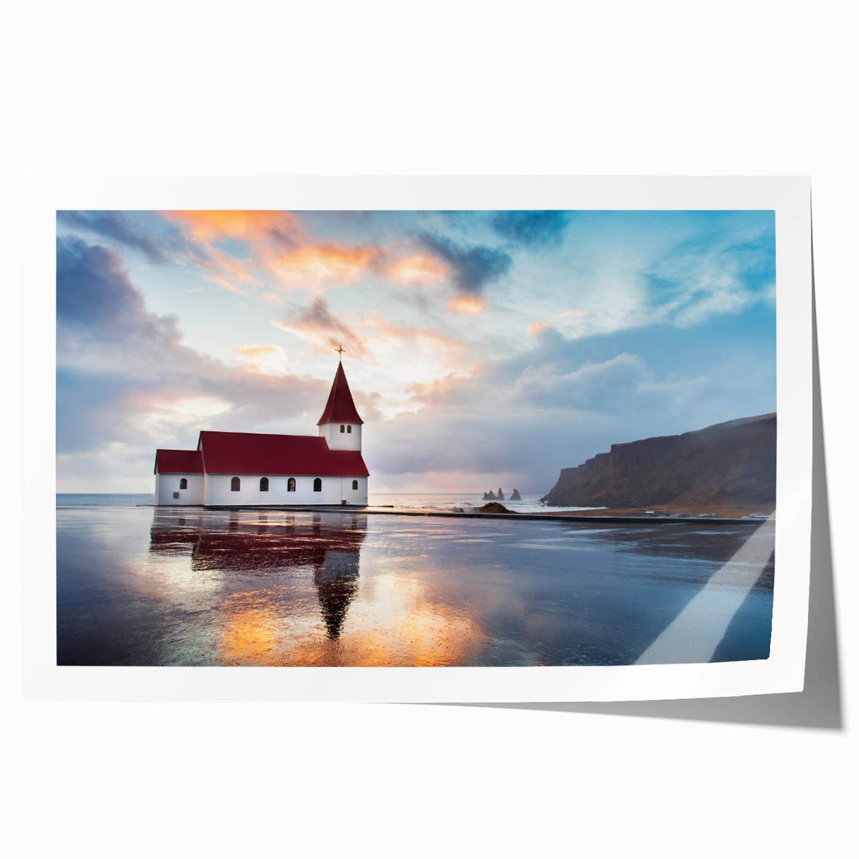 An extra large rolled print depicting a serene Icelandic landscape, featuring muted earth tones.