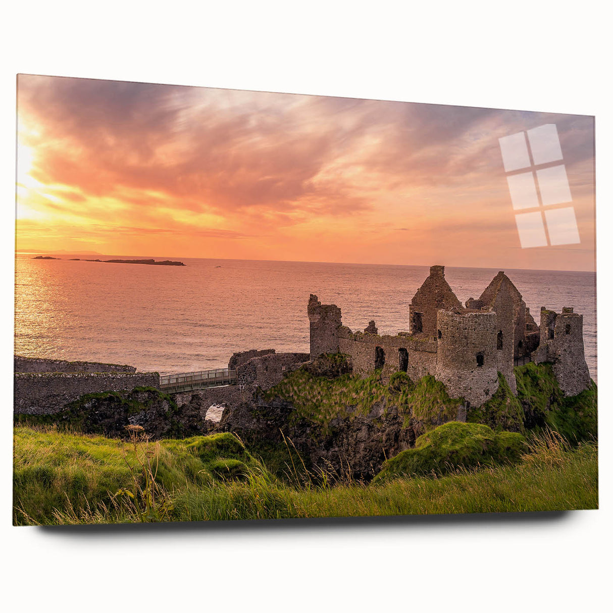 Acrylic print of a large abstract depiction of an Irish landscape in muted green and blue tones.