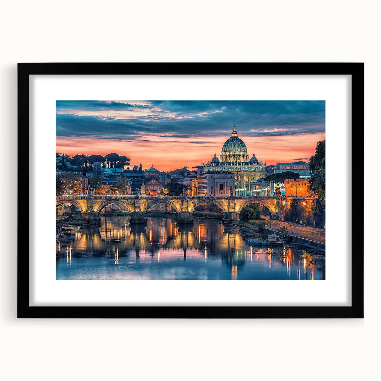 Colorful abstract art print of Rome scenery in a black frame, ideal for living room decor.