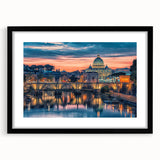 Colorful abstract art print of Rome scenery in a black frame, ideal for living room decor.