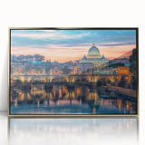 Framed acrylic print of Rome's cityscape in muted gold and gray tones, suitable as modern art wall decor.