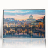 Mid-century modernist art depicting Rome's skyline in muted earth tones on a white framed acrylic.