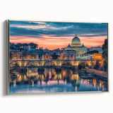 Landscape art painting of Rome with colorful palette on silver-framed canvas, ideal for living room decor.