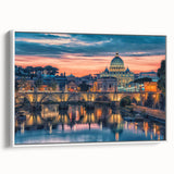 Vintage poster art of Rome with colorful imagery on extra large framed canvas, ideal for living room decor.