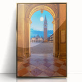 Art deco poster of Venice scenery in muted gold and blue tones on framed acrylic, suitable for modern art wall decor.