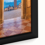 Extra large framed canvas of a textured Venice scenery in black with colorful art accents, ideal for living room decor.