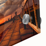 Mid-century modernist abstract of Lithuania scenery in vibrant hues on large acrylic glass, ideal for dining room art.