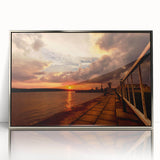 Mid-century modernist acrylic print of a European Lithuanian landscape in muted earth tones, framed in silver.