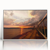 Mid-century modernist art depicting a serene Lithuanian landscape in muted green and blue tones, framed acrylic.