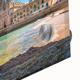 Large abstract wall art depicting a European Malta scenery in mid-century modernist style on acrylic glass.