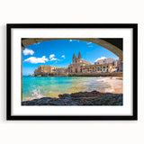Colorful abstract art print of a European Malta scenery in vibrant hues on a large textured canvas, framed in black.