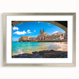 Extra large abstract art print of a European Malta scenery in textured silver frame, suited for living room decor.
