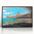 Large abstract wall art depicting a European Malta scenery in muted earth tones on a framed acrylic.