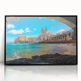Large abstract wall art depicting a European Malta scenery in muted earth tones on a framed acrylic.