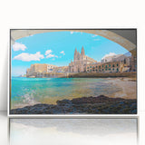 Mid-century modernist art depicting a serene Malta coastal scene in muted blues and greens, framed acrylic.