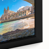 Extra large framed canvas featuring a textured depiction of Malta's scenery in black with colorful accents.