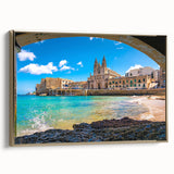 Framed canvas of a vintage-style Malta landscape in black and gold tones, ideal for bedroom wall decor.