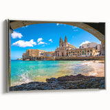 Framed canvas landscape art painting depicting a colorful Malta coastline in a vintage poster style.