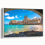 Vintage poster art of a Malta scenery in vibrant colors, printed on a white-framed extra large canvas.