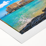 Art deco poster of a Malta scenery in muted earth tones on rolled canvas, suitable for dining room wall art.