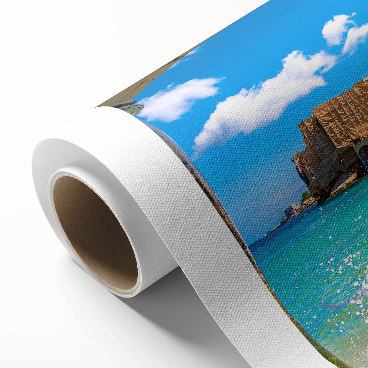 Art Deco poster of Malta scenery on rolled canvas, featuring muted pastel shades, ideal for nursery wall art.